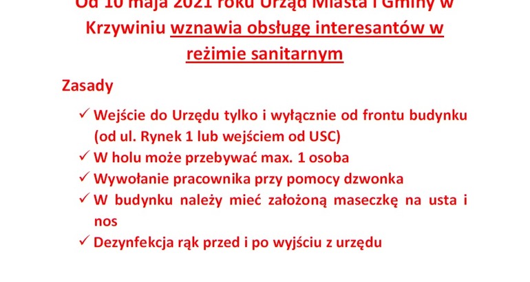 Praca Urzędu od 10 maja 2021r.! 