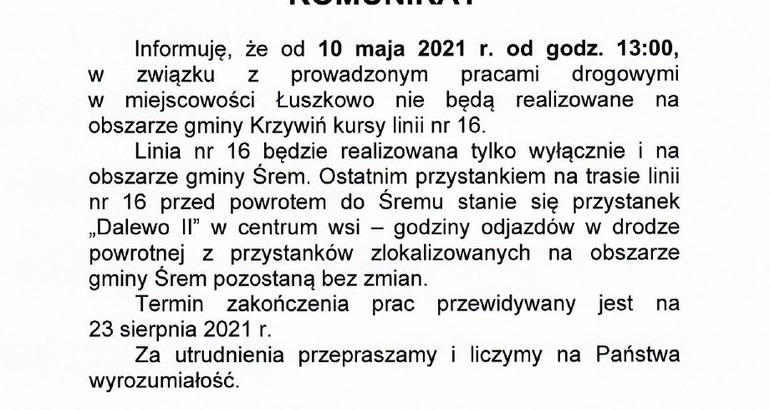 Zmiany w kursowaniu linii nr 16!